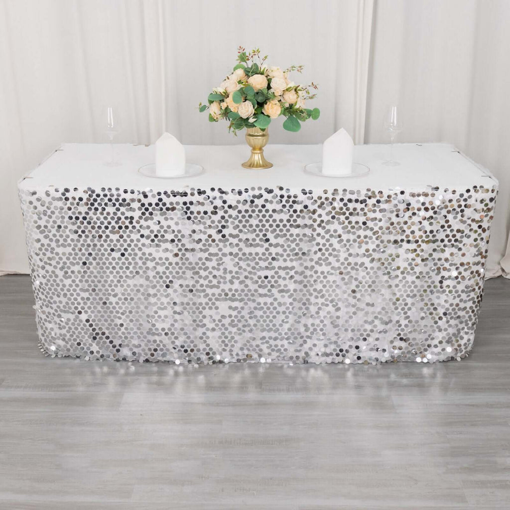 Payette Sequin 21ft Table Skirt Silver - Dual Layered Satin Table Cover - Bell Racket Store