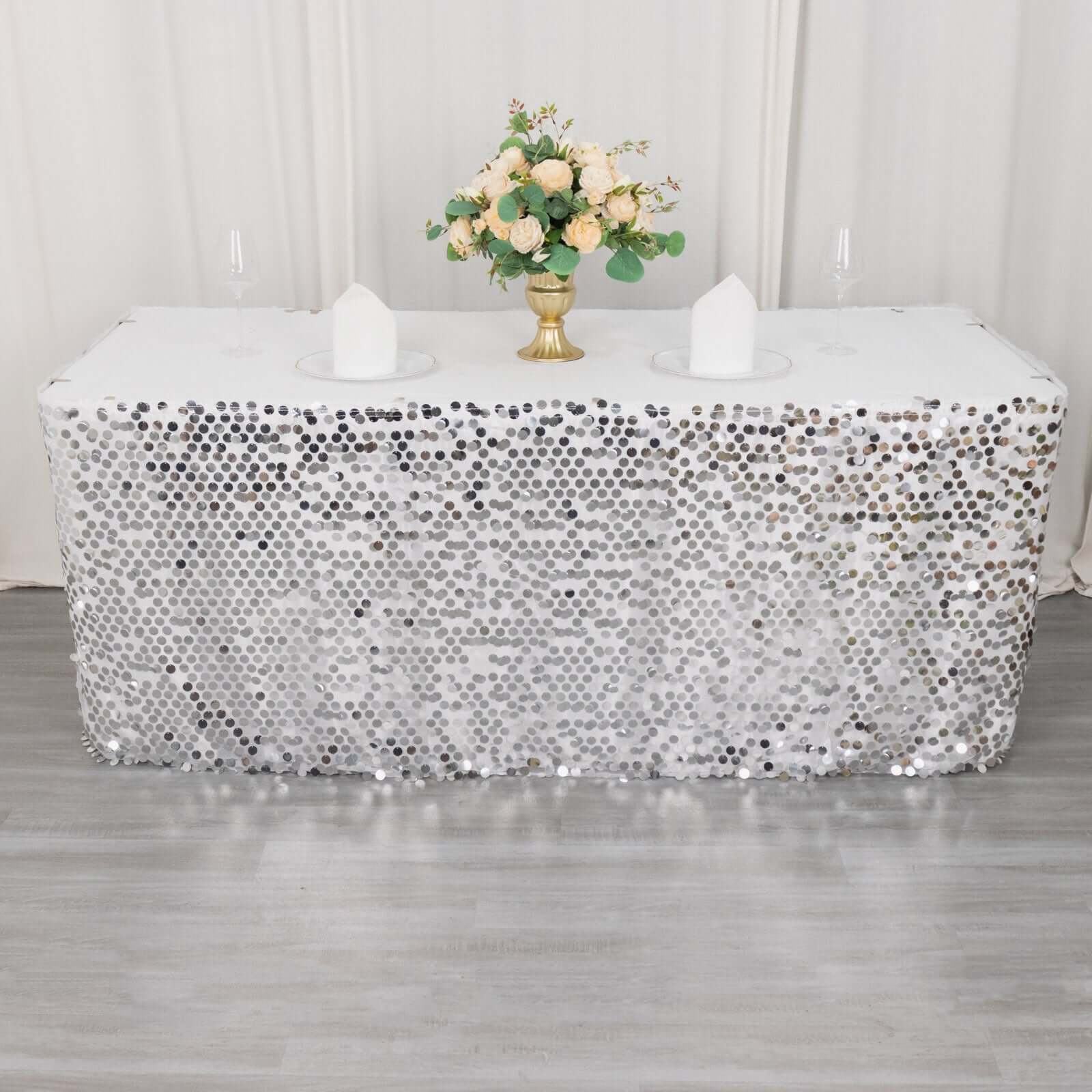 Payette Sequin 21ft Table Skirt Silver - Dual Layered Satin Table Cover - Bell Racket Store