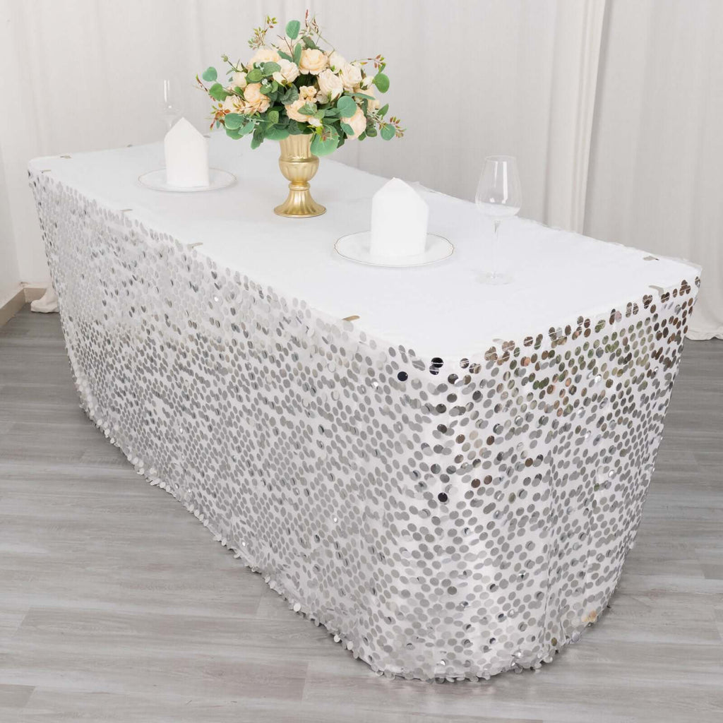 Payette Sequin 21ft Table Skirt Silver - Dual Layered Satin Table Cover - Bell Racket Store