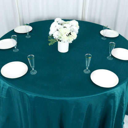 Taffeta 132" Round Tablecloth Peacock Teal - Seamless Accordion Crinkle Table Cover