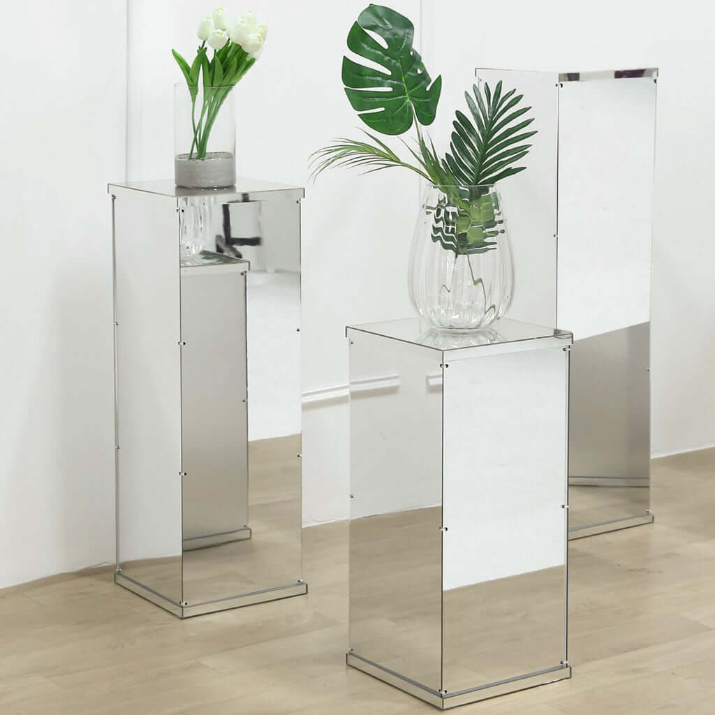 40" Floor Standing Silver Mirror Finish Acrylic Display Box, Pedestal Riser with Interchangeable Lid and Base