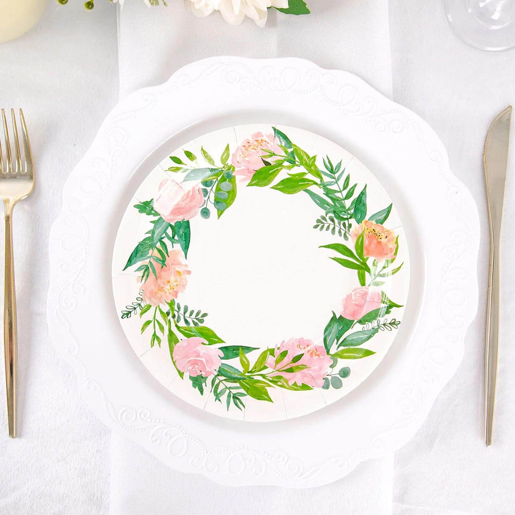 25-Pack Paper 7" Round Dessert Plates in White with Rose/Peony Flower Wreath - Disposable Appetizer Salad Plates for Special Occasions & Gatherings