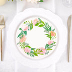 25-Pack Paper 7" Round Dessert Plates in White with Rose/Peony Flower Wreath - Disposable Appetizer Salad Plates for Special Occasions & Gatherings