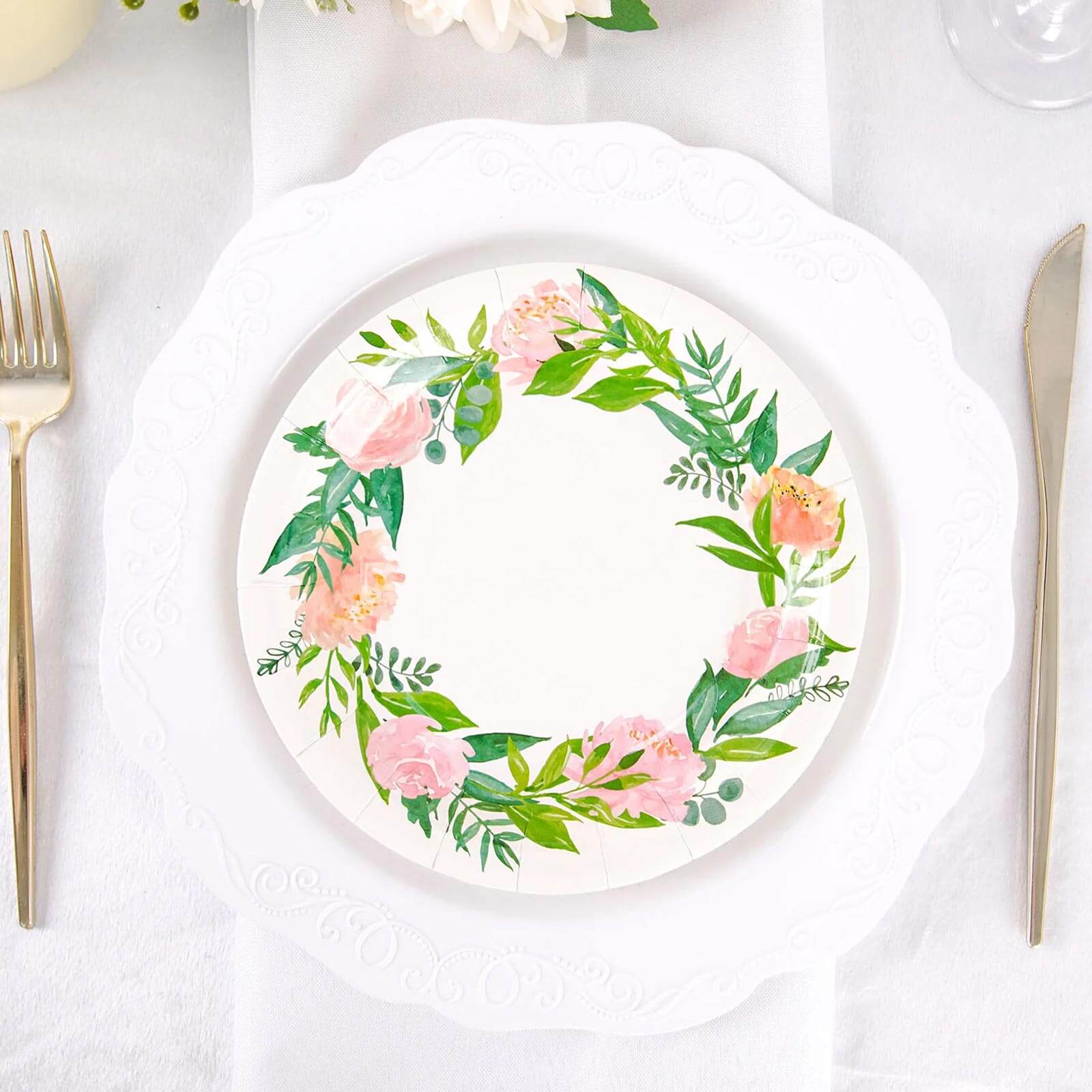 25-Pack Paper 7" Round Dessert Plates in White with Rose/Peony Flower Wreath - Disposable Appetizer Salad Plates for Special Occasions & Gatherings