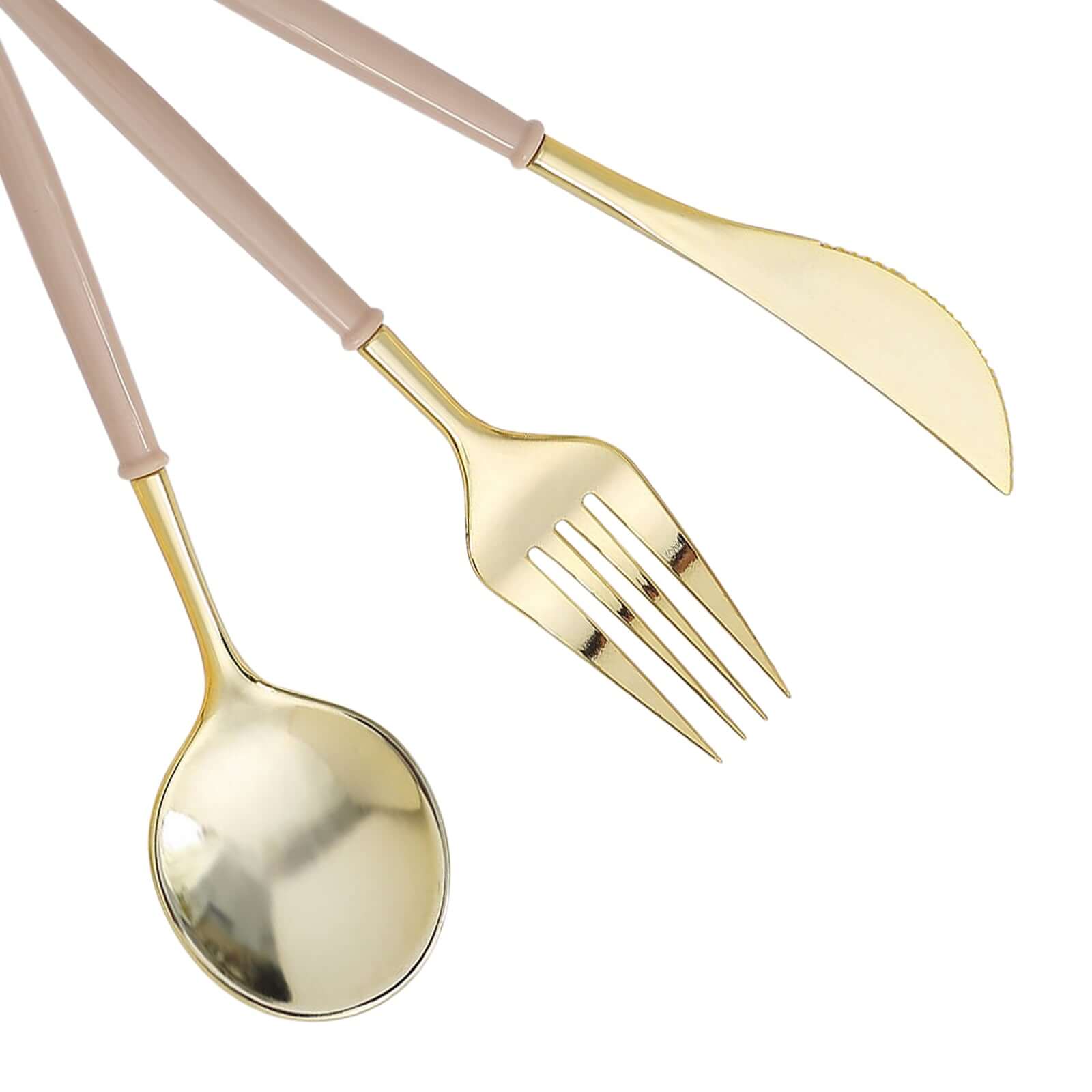 24-Pack Plastic Flatware Set in Metallic Gold with Beige Handle - Heavy Duty Disposable Modern Silverware 8"