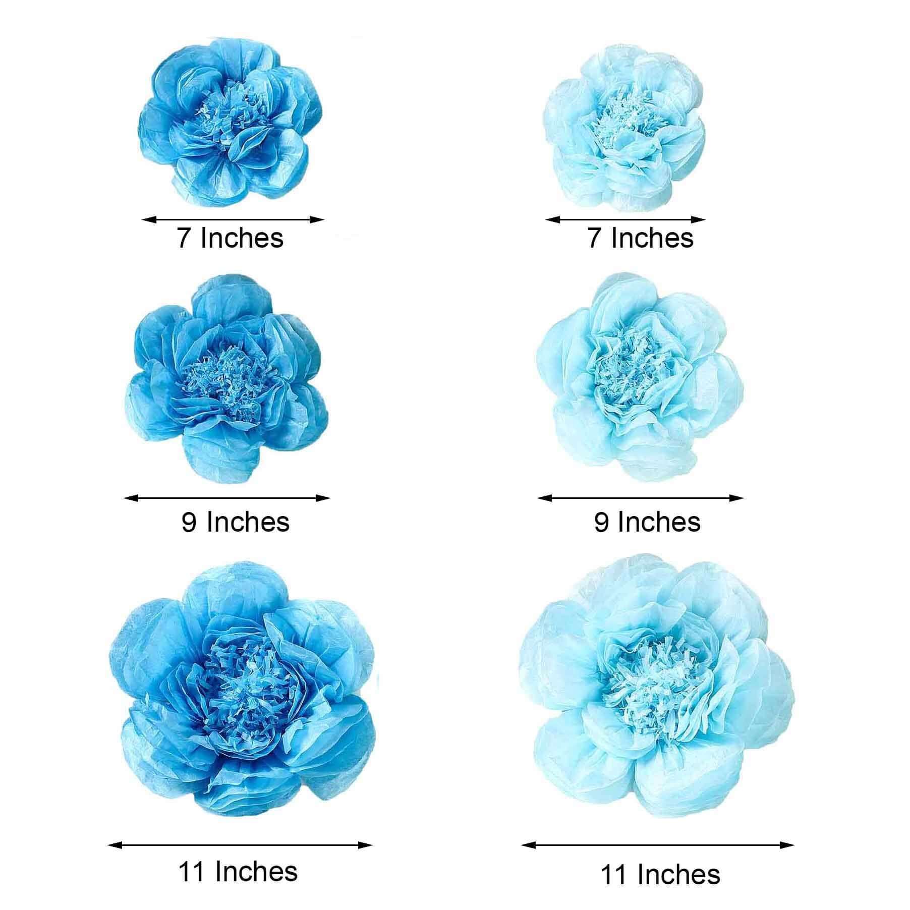 Set of 6 Periwinkle Turquoise Peony 3D Paper Flowers Wall Decor - 7",9",11"