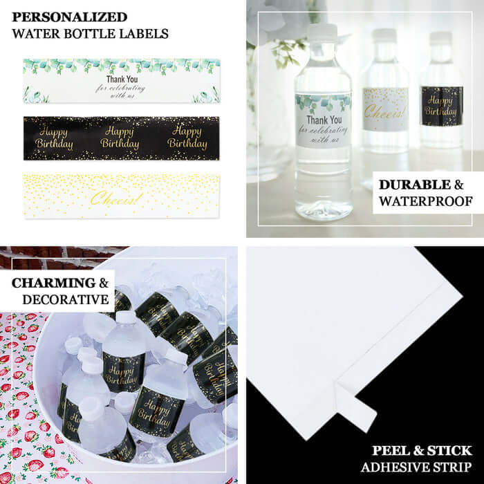 24 Pack Rustic Water Bottle Labels Wood Print with Gold Floral Frame "Thank You" Waterproof Bottle Stickers