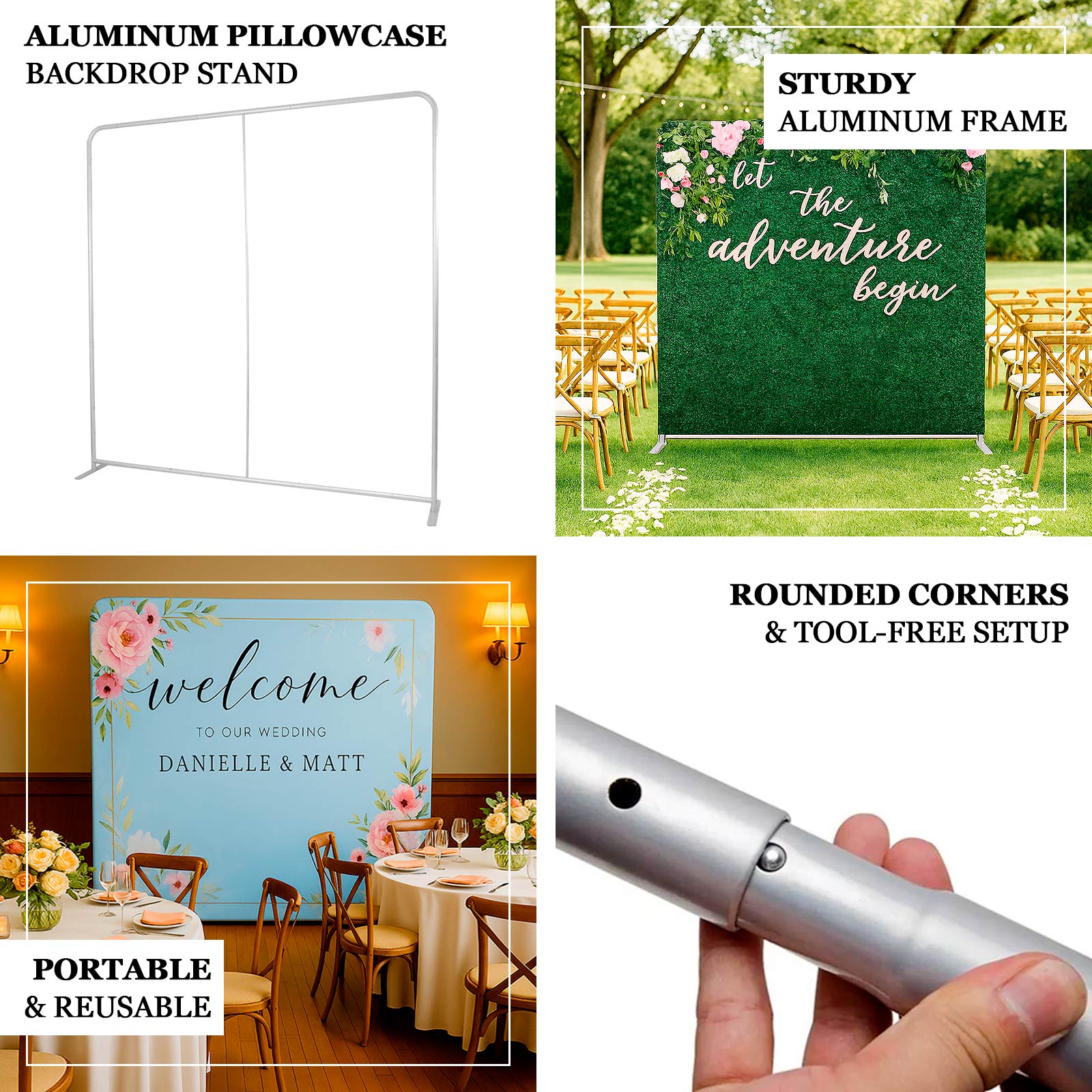Pillowcase Backdrop Stand in Aluminum 8ft x 8ft â€“ Portable Rounded Corner Tension Fabric Pillowcase Display Stand for Exhibits & Photography - Bell Racket Store