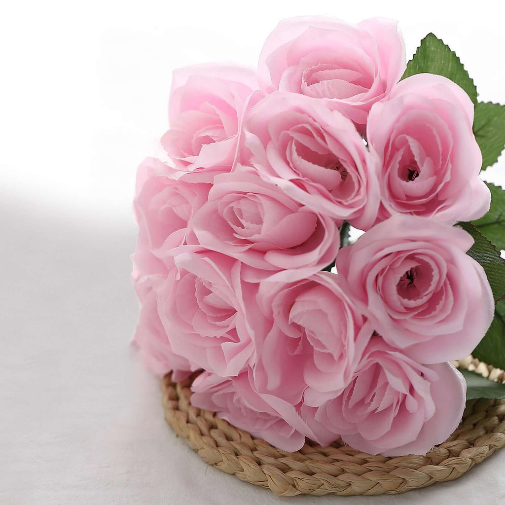 12" Pink Artificial Velvet-Like Rose Flower Bouquet
