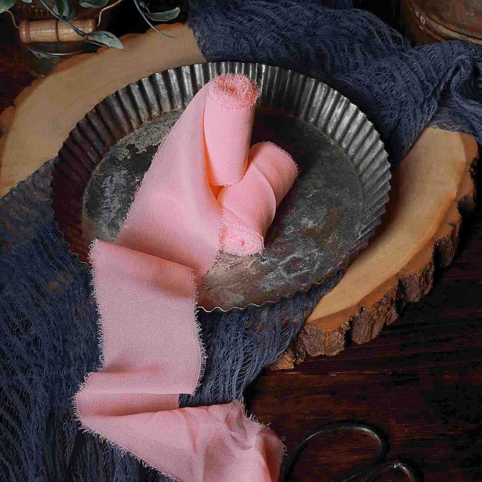 2 Pack 6yd Pink Silk-Like Chiffon Linen Ribbon Roll For Bouquets, Wedding Invitations Gift Wrapping