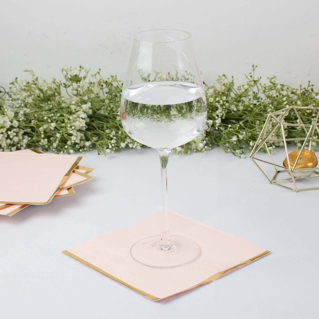 50-Pack Paper Beverage Napkins with Gold Foil Edge Blush - Disposable 2 Ply Cocktail Napkins for Events 6.5"x6.5"