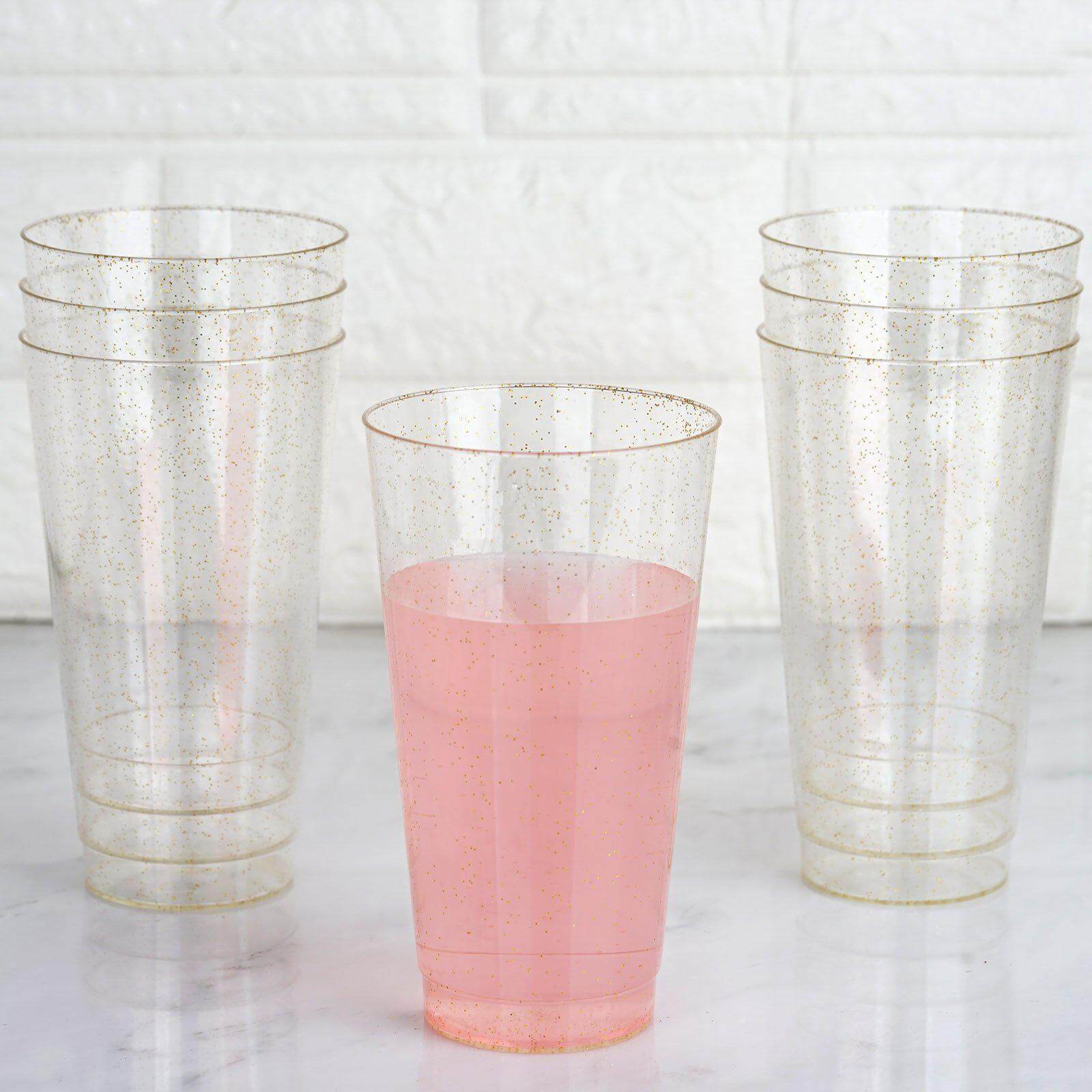12-Pack Plastic Party Cups Clear Gold Glitter - Durable Disposable Tumblers for Drinks 17oz 6"