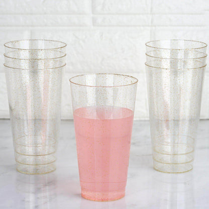 12-Pack Plastic Party Cups Clear Gold Glitter - Durable Disposable Tumblers for Drinks 17oz 6"