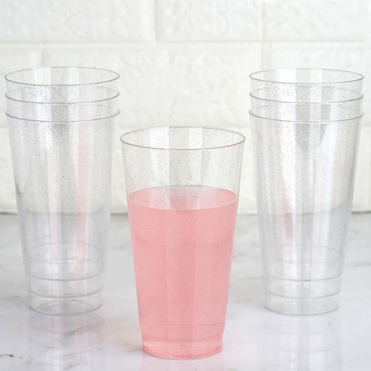 12-Pack Plastic Party Cups Clear Silver Glitter - Durable Disposable Tumblers for Drinks 17oz 6"