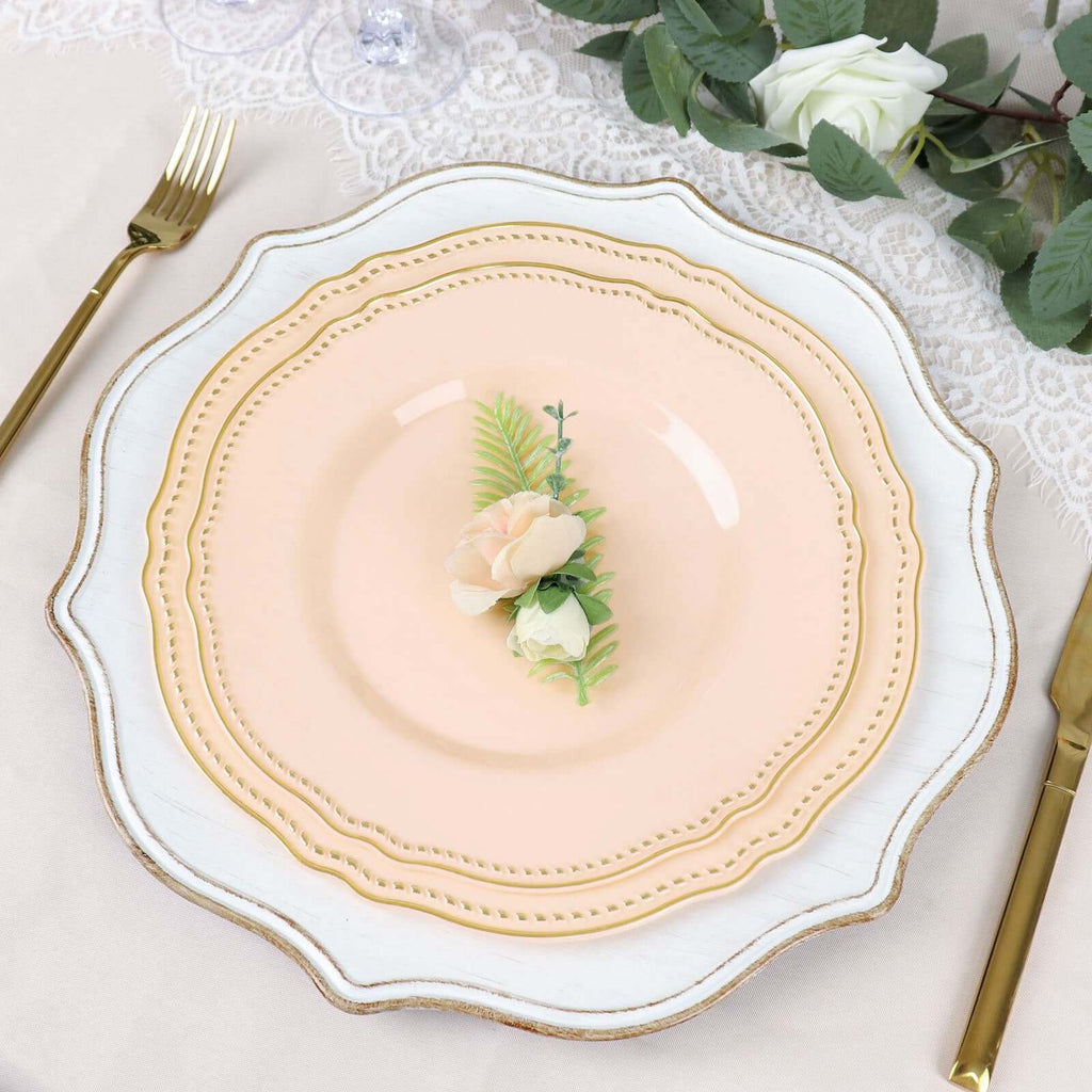 10-Pack Plastic Dinner Plates in Nude with Gold Scalloped Rim - Disposable Party Plates 9"