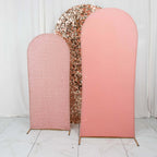 Set of 3 Rose Gold Round Top Fitted Wedding Arch Frame Covers, Big Payette Sequin, Shimmer Tinsel and Matte Spandex Backdrop Stand Covers