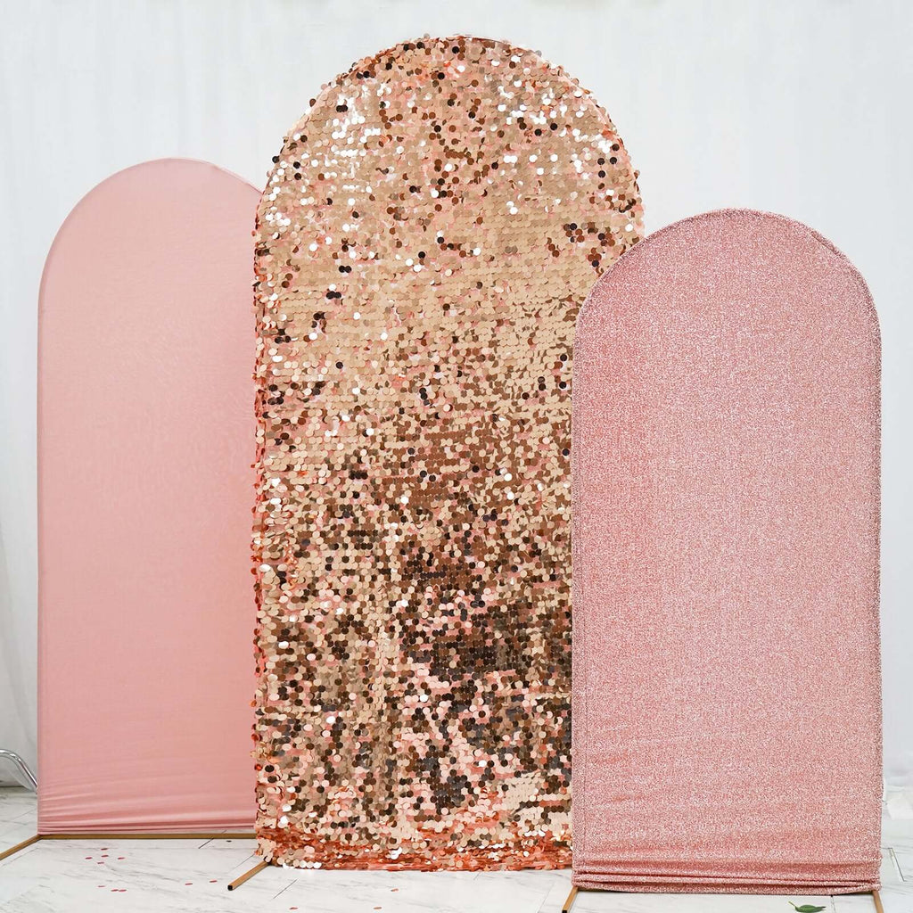 Set of 3 Rose Gold Round Top Fitted Wedding Arch Frame Covers, Big Payette Sequin, Shimmer Tinsel and Matte Spandex Backdrop Stand Covers