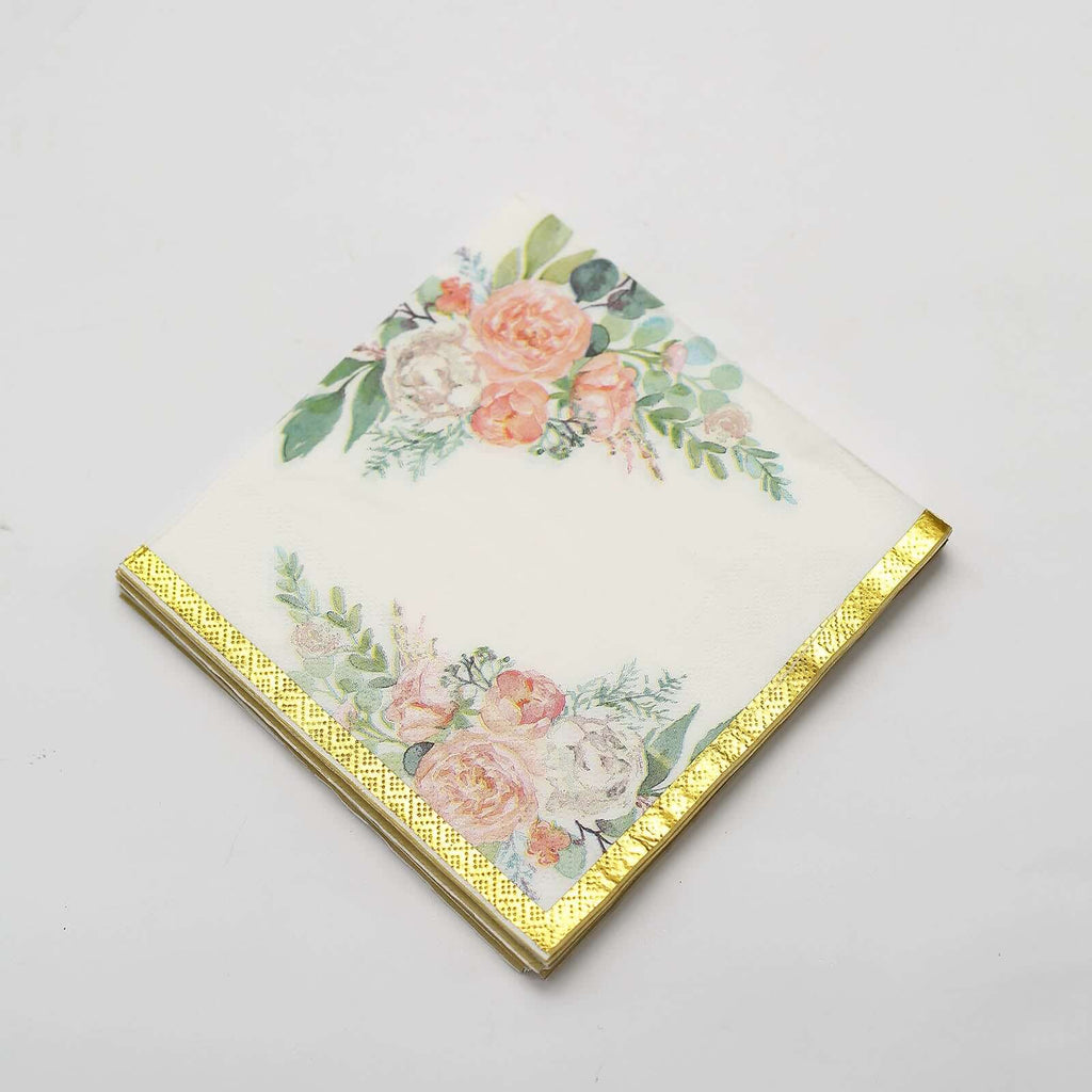 20-Pack Paper Cocktail Napkins with Pink Peony Floral Design and Gold Trim White - 2 Ply Wedding Beverage Napkins 18GSM