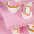 3-Tier Plastic Square Cupcake Stand Tower Pink - Charming Easy to Assemble Dessert Display Serving Tray Platter with Floral Embossed Scalloped Rim & Silver Handle for Tea Parties Weddings & Special Occasions 13"
