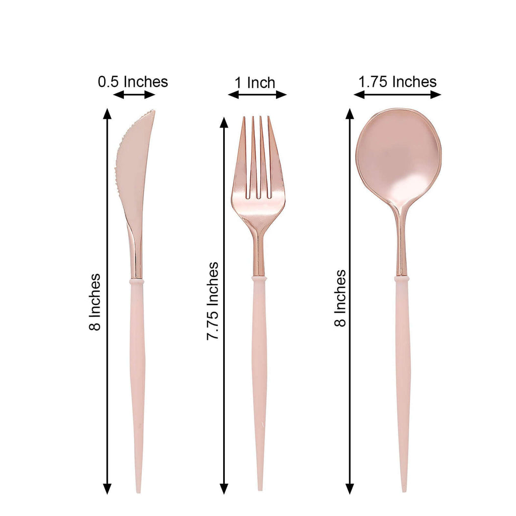 24-Pack Plastic Flatware Set in Rose Gold with Blush Handle - Heavy Duty Disposable Modern Silverware 8"