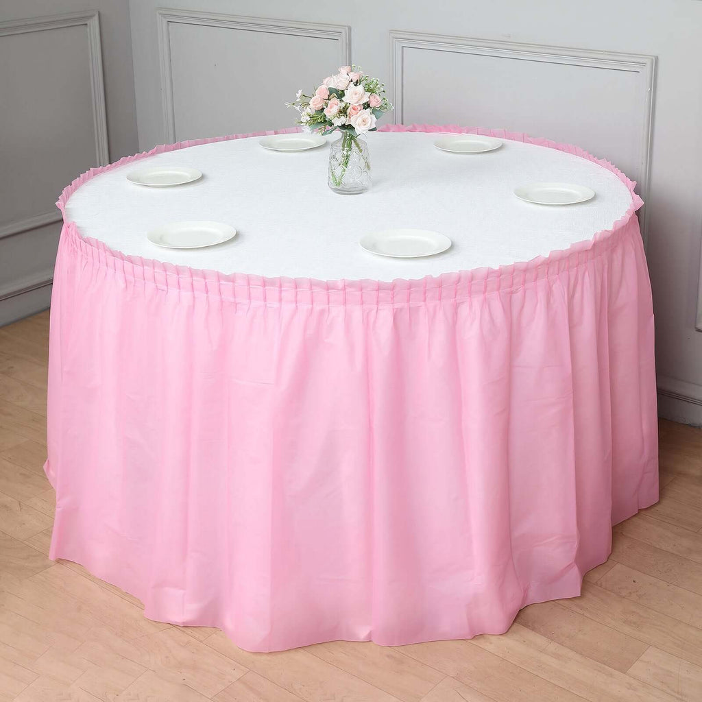 Plastic Table Skirt Pink Ruffled - Durable Disposable Skirt for Events 14ft