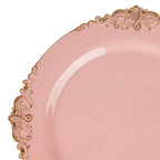 10-Pack Plastic 8" Round Dessert Plates in Dusty Rose with Gold Leaf Embossed Rim - Disposable Vintage Baroque Style Salad Plates