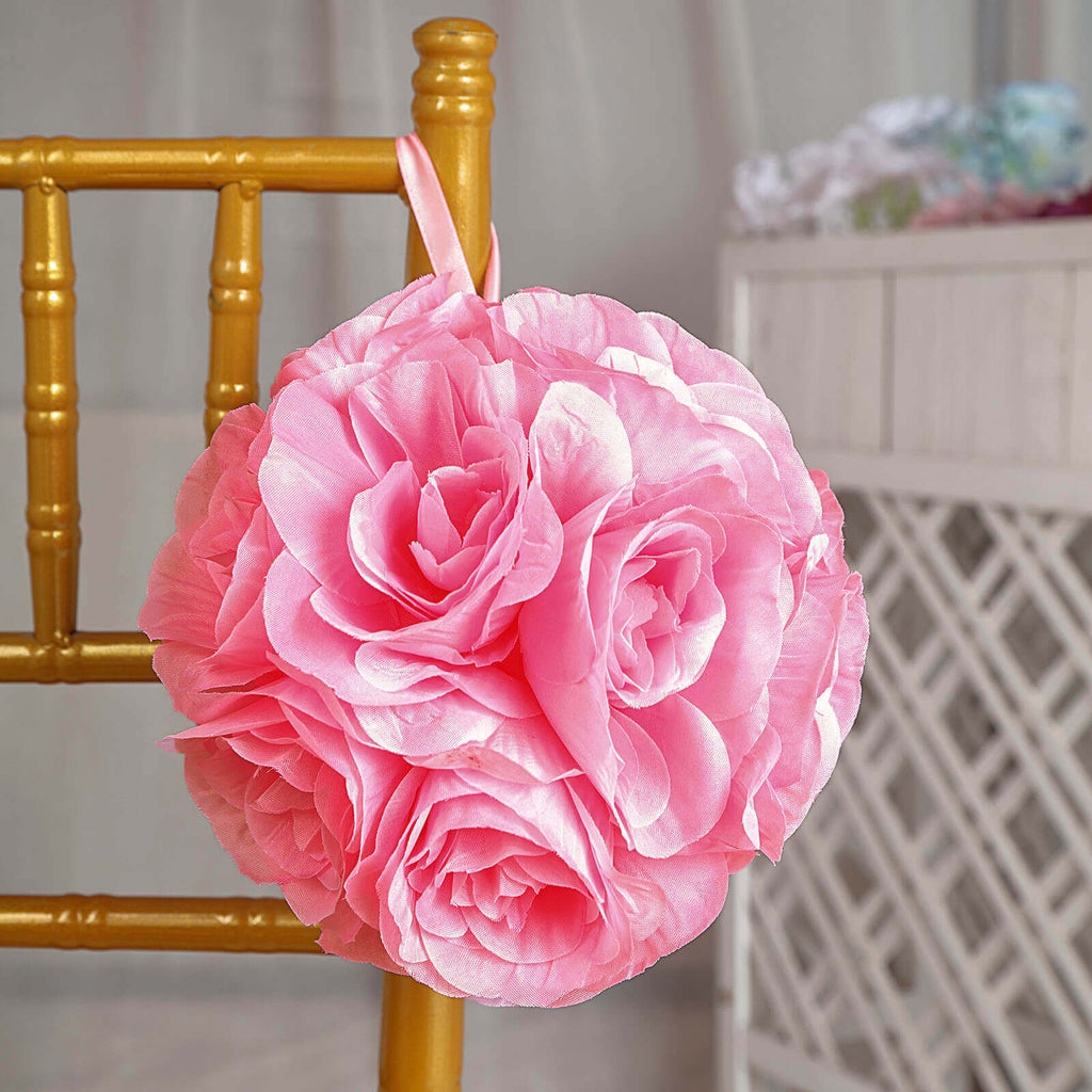 2 Pack 7" Pink Artificial Silk Rose Kissing Ball, Faux Flower Ball