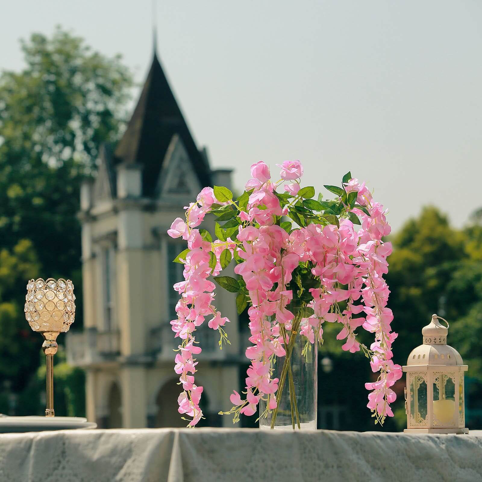 5 Pack 44" Silk Hanging Wisteria Flower Garland Vines in Pink, 3 Strands in 1 Bush