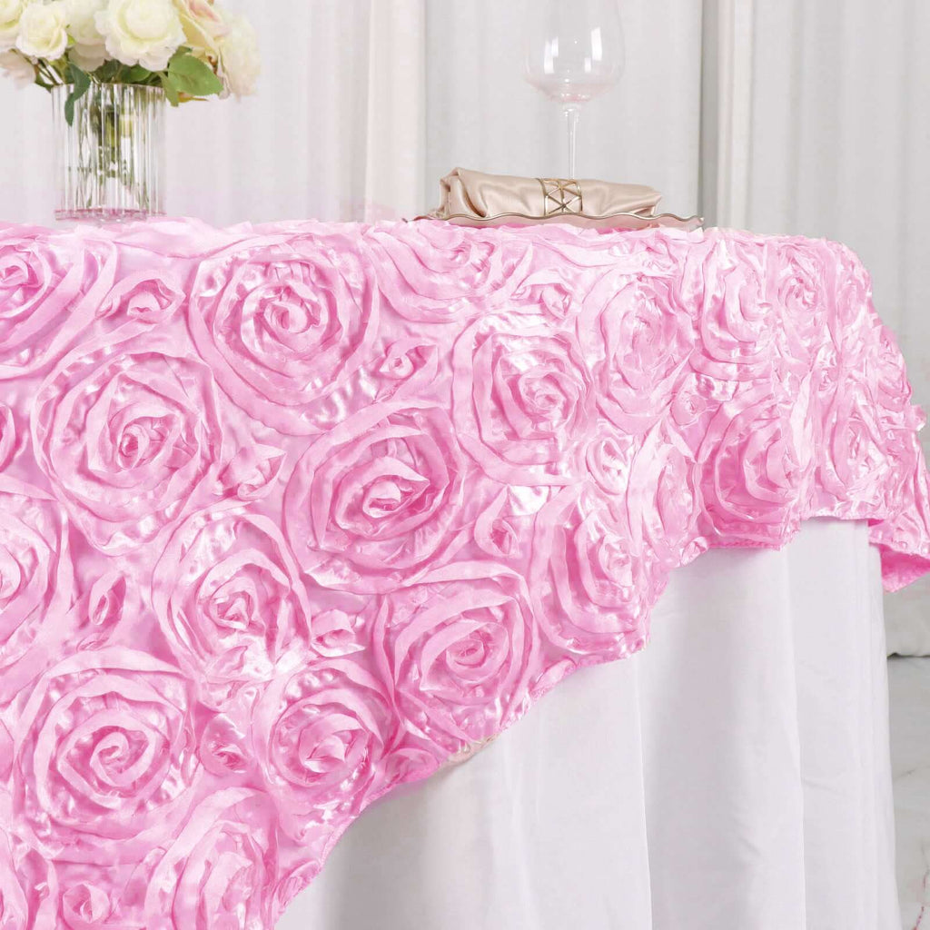Satin 72"x72" Table Overlay Square Tablecloth Pink - 3D Rosette Table Cover