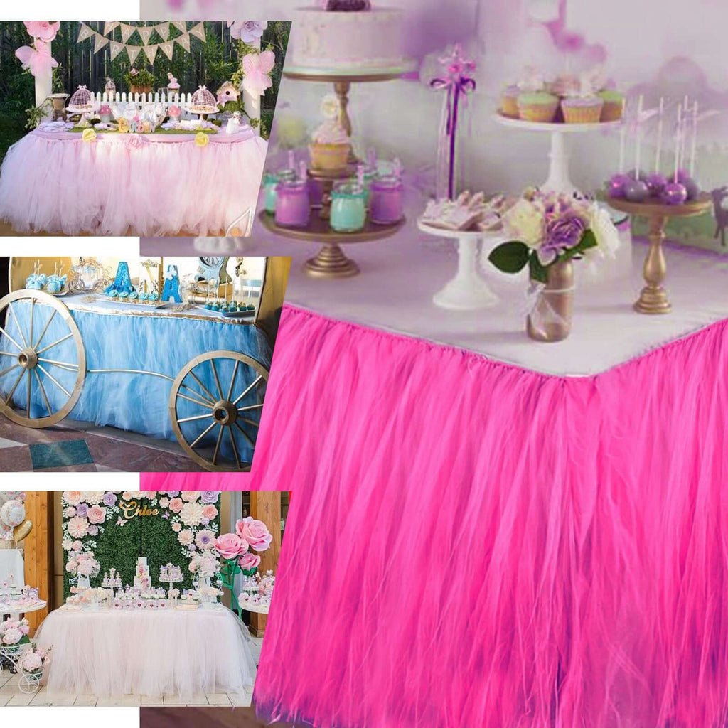 Tulle 14ft Table Skirt Fuchsia - 4 Layer Pleated Tutu Table Cover