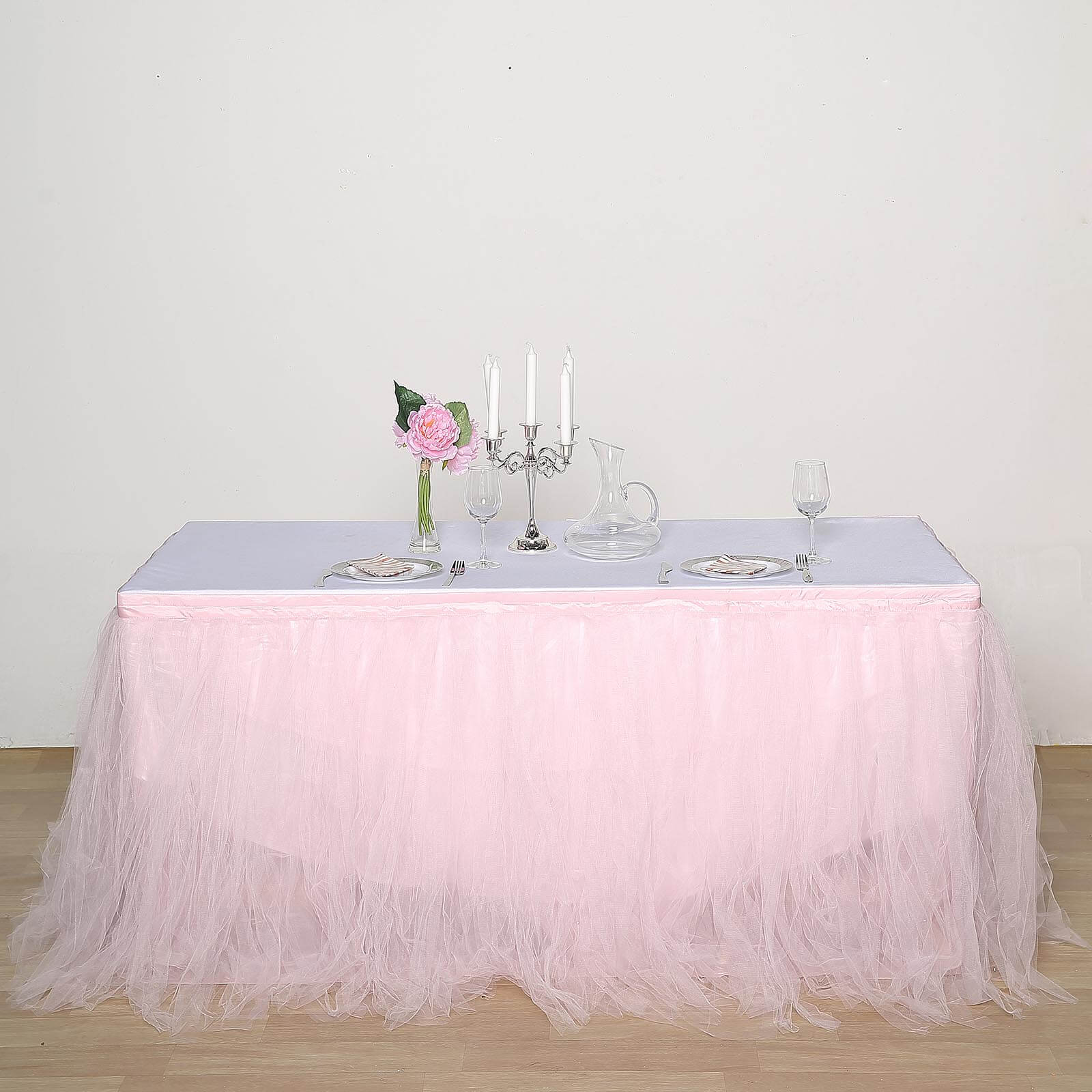 Tulle 14ft Table Skirt Blush - 4 Layer Pleated Tutu Table Cover