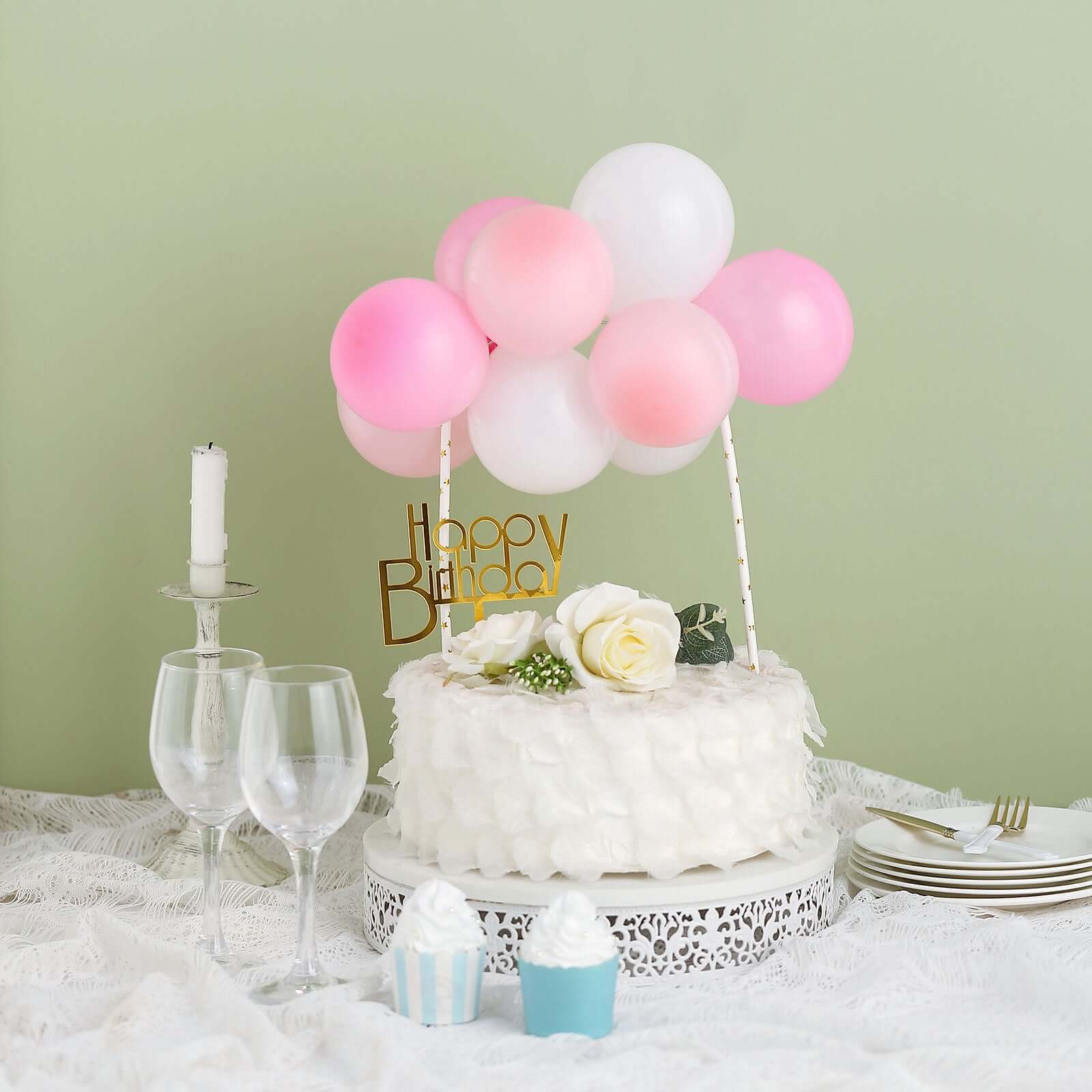 11 Pcs Balloon Cake Topper Blush, Pink and White - Whimsical Clustered Mini Garland Cake Inserts DIY Party Decorations