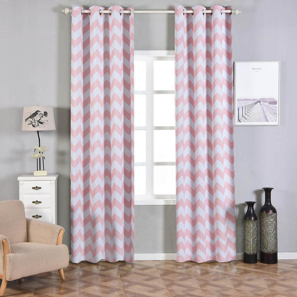 2 Pack White Blush Chevron Design Thermal Blackout Curtains With Chrome Grommet Window Treatment Panels - 52"x108"
