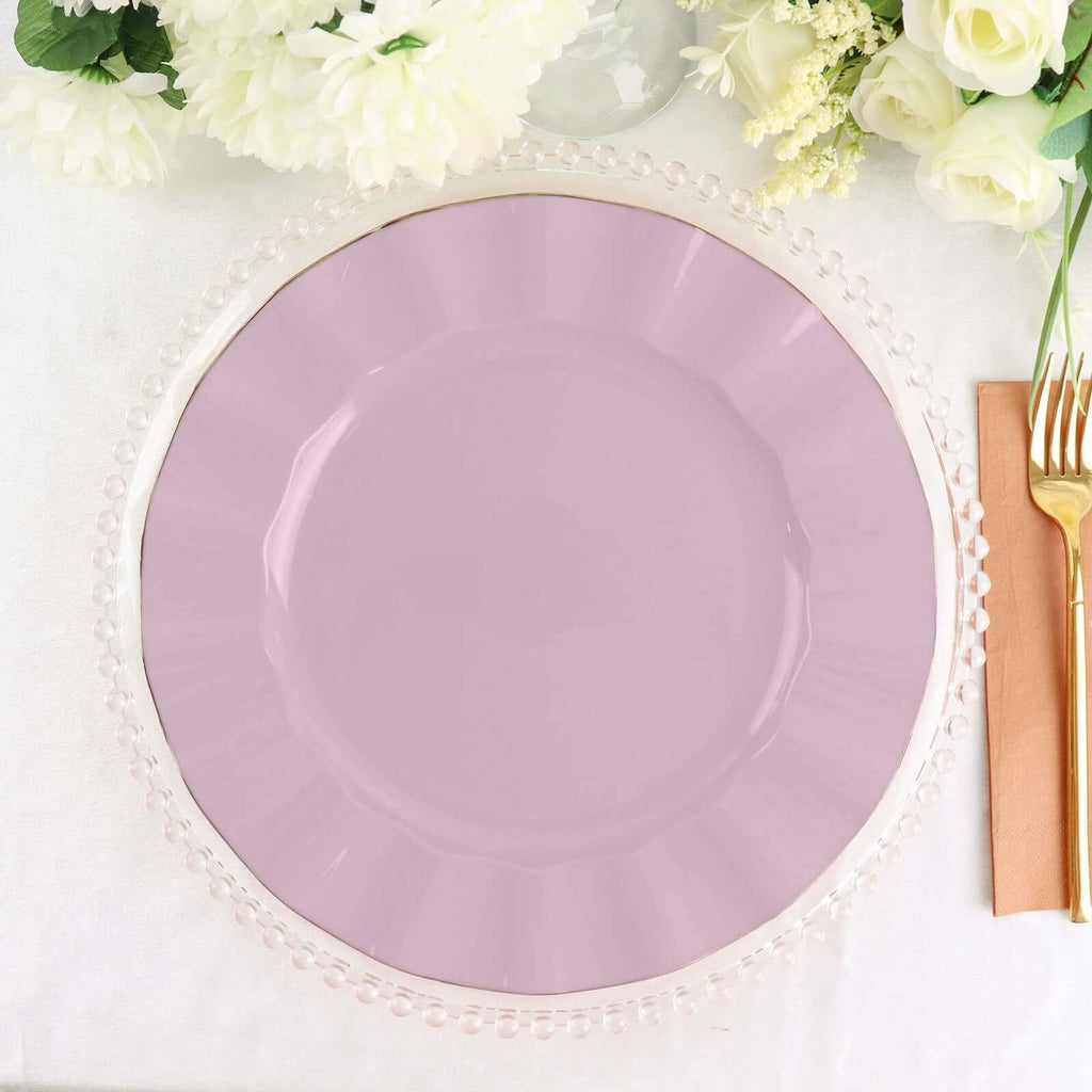 10-Pack Plastic 11" Round Dinner Plates in Lavender Lilac Ruffled Rim with Gold Edging - Sturdy Disposable Dinnerware