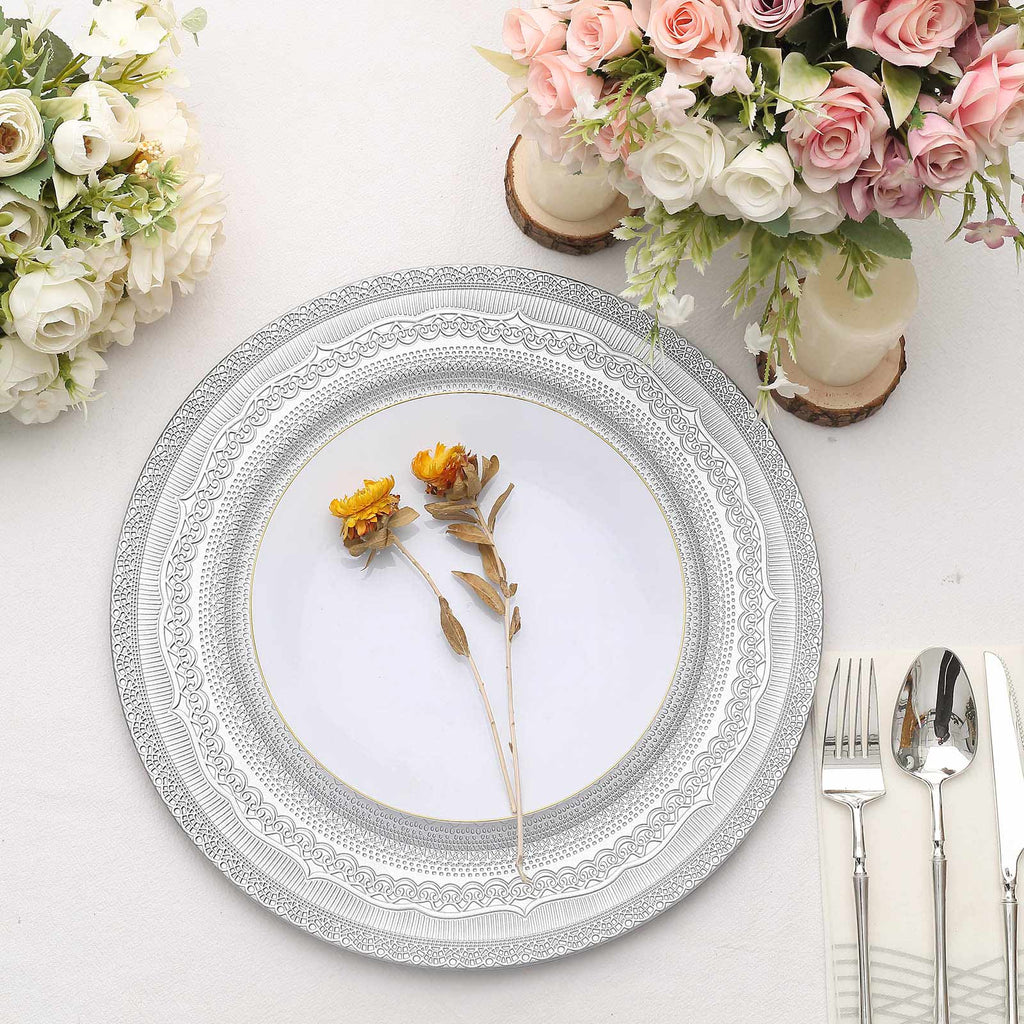 6-Pack Acrylic Round Charger Plates 13" in Silver with Lace Embossed Rim, Rustic Plastic Decorative Charger Tableware