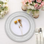 6-Pack Acrylic Round Charger Plates 13" in Silver with Lace Embossed Rim, Rustic Plastic Decorative Charger Tableware