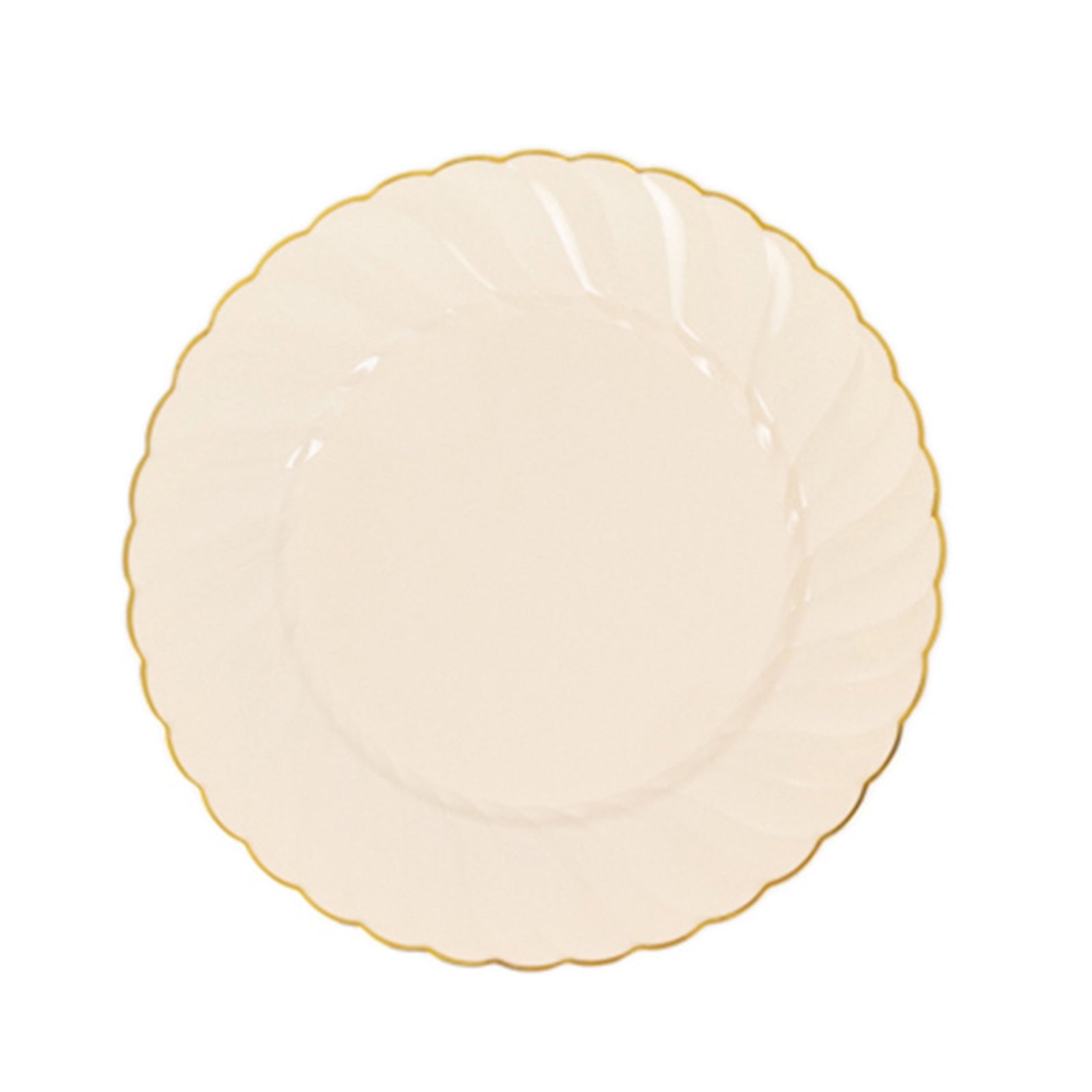 10-Pack Plastic 10" Round Dinner Plates in Ivory with Gold Flair Rim - Disposable Party Plates