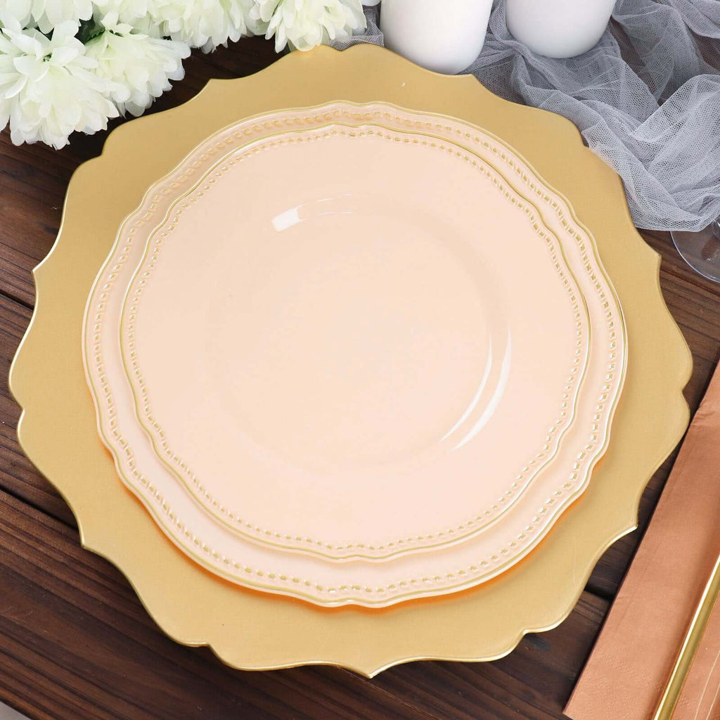 10-Pack Plastic Dinner Plates in Nude with Gold Scalloped Rim - Disposable Party Plates 9"