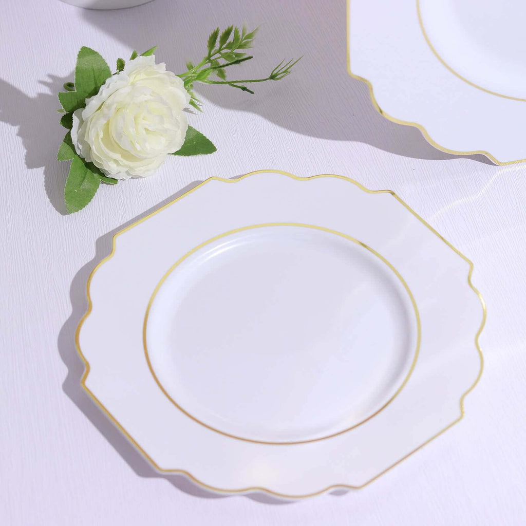 10-Pack Plastic Dinner Plates in White Baroque Design with Scalloped Gold Rim - Heavy Duty Disposable Party Plates for Events & Banquets 11"