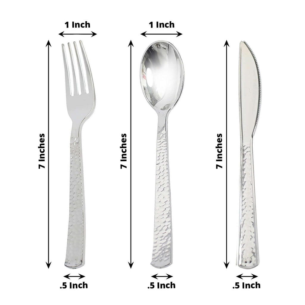 24-Pack Plastic Silverware Set with Hammered Design Silver - Heavy Duty Disposable Utensils 7"