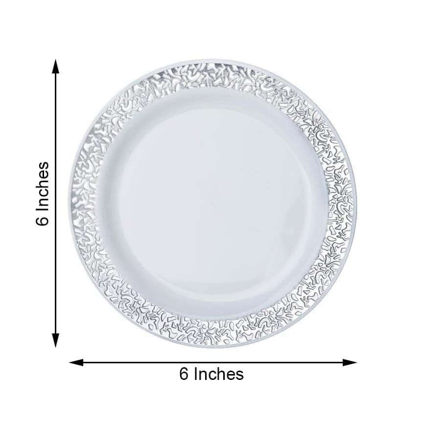 10-Pack Dessert Plates Lace Rim Design White with Silver - Plastic Disposable Appetizer Plates for Events 6"
