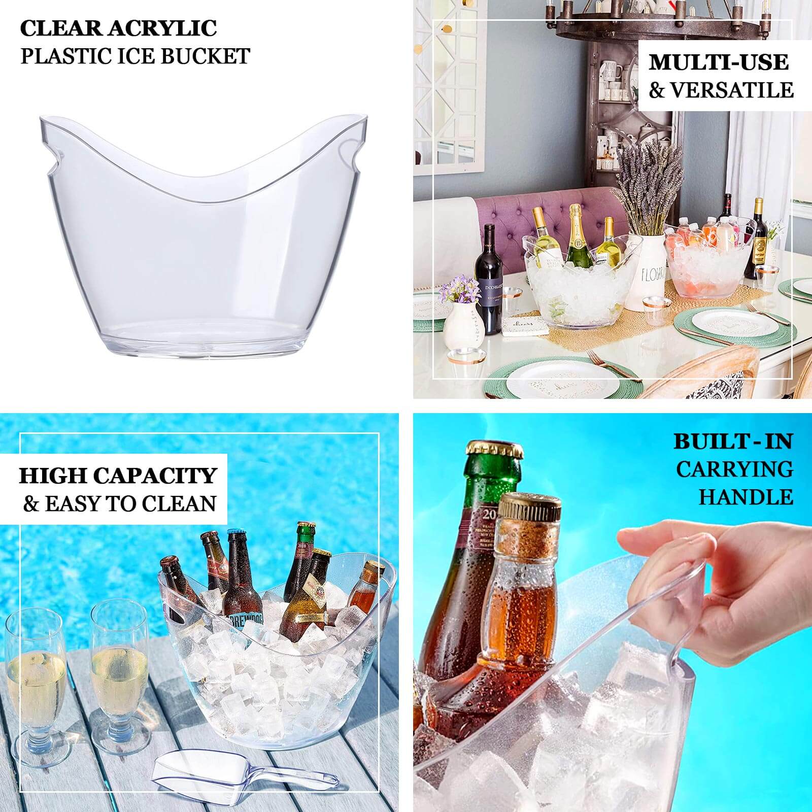 Plastic Ice and Drinks Bucket Clear - Large Capacity Modern Boat Shaped Party Beverage Cooler Storage Tub With Comfortable Handles for Indoor & Outdoor Gatherings 7 Liter - Bell Racket Store