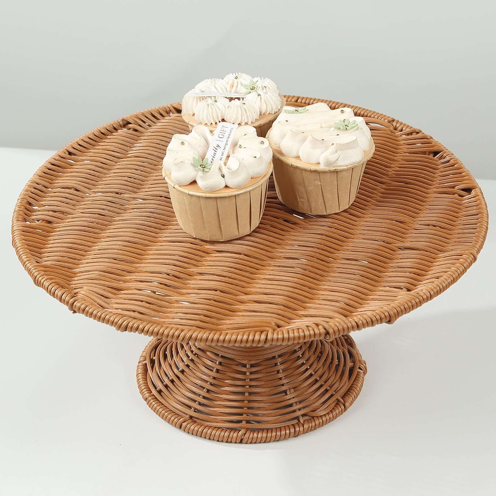 Plastic Round Rattan Wicker Pedestal Cake Stand Natural for Home Parties & Events 12" - Bell Racket Store