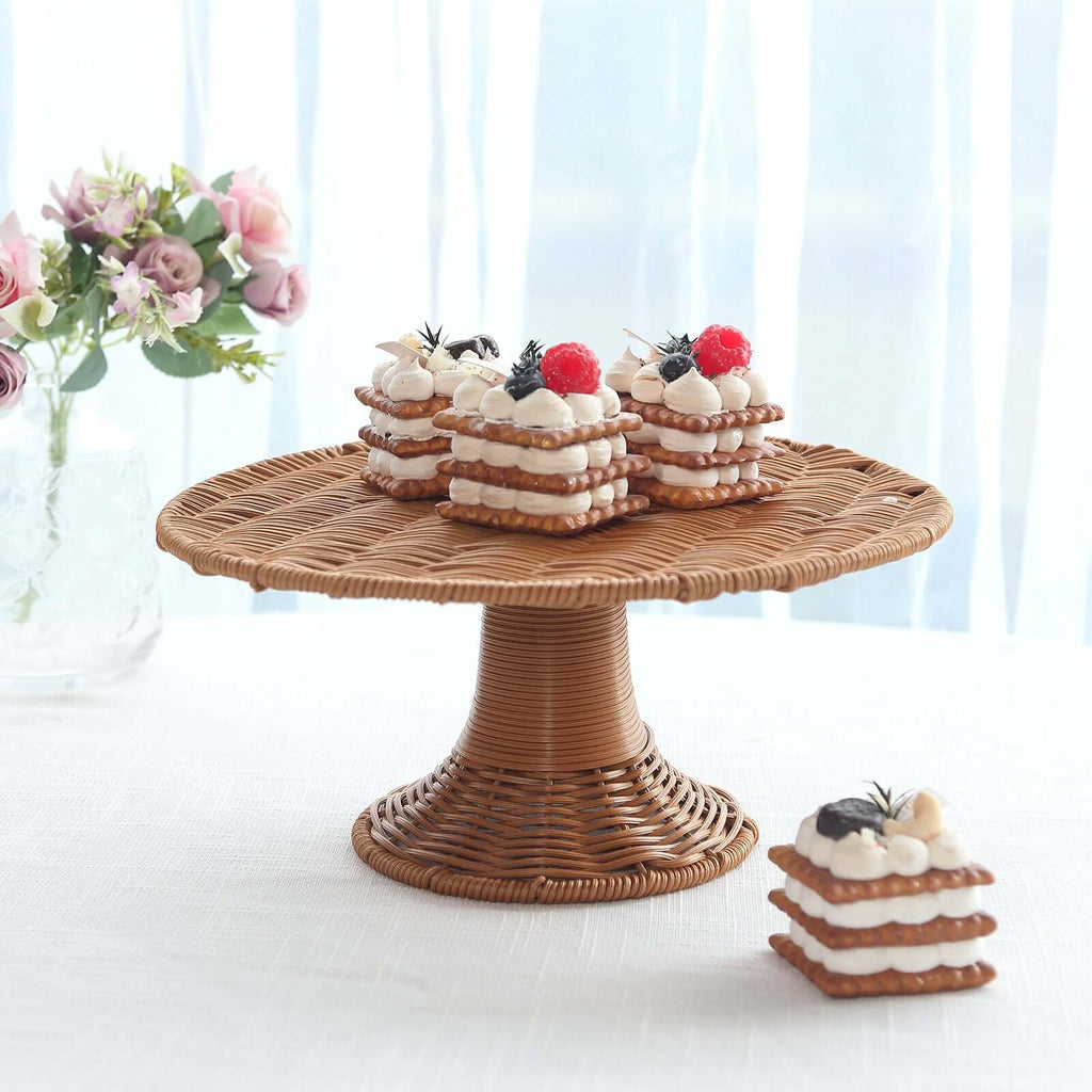Plastic Round Rattan Wicker Pedestal Cake Stand Natural for Home Parties & Events 12" - Bell Racket Store