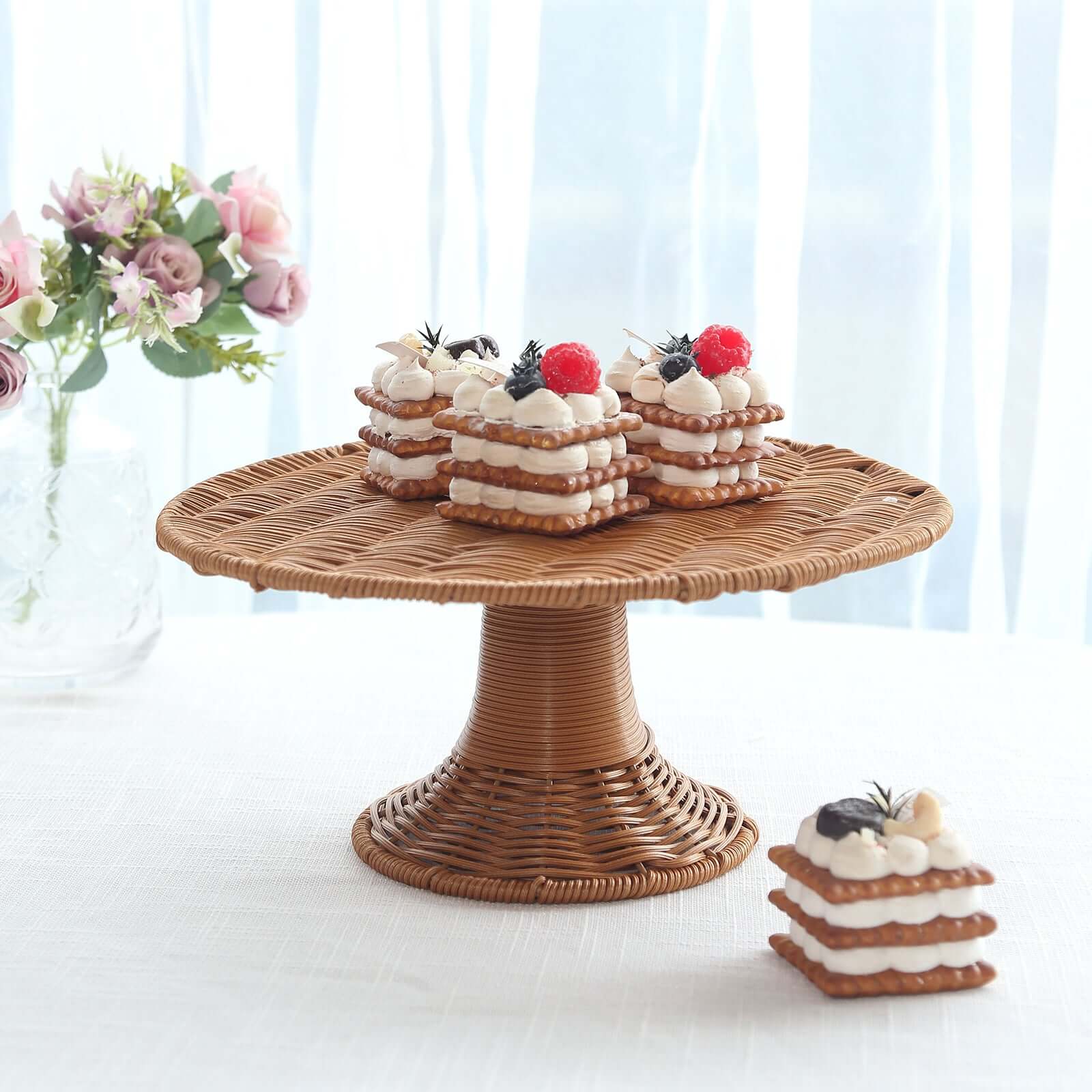 Plastic Round Rattan Wicker Pedestal Cake Stand Natural for Home Parties & Events 12" - Bell Racket Store
