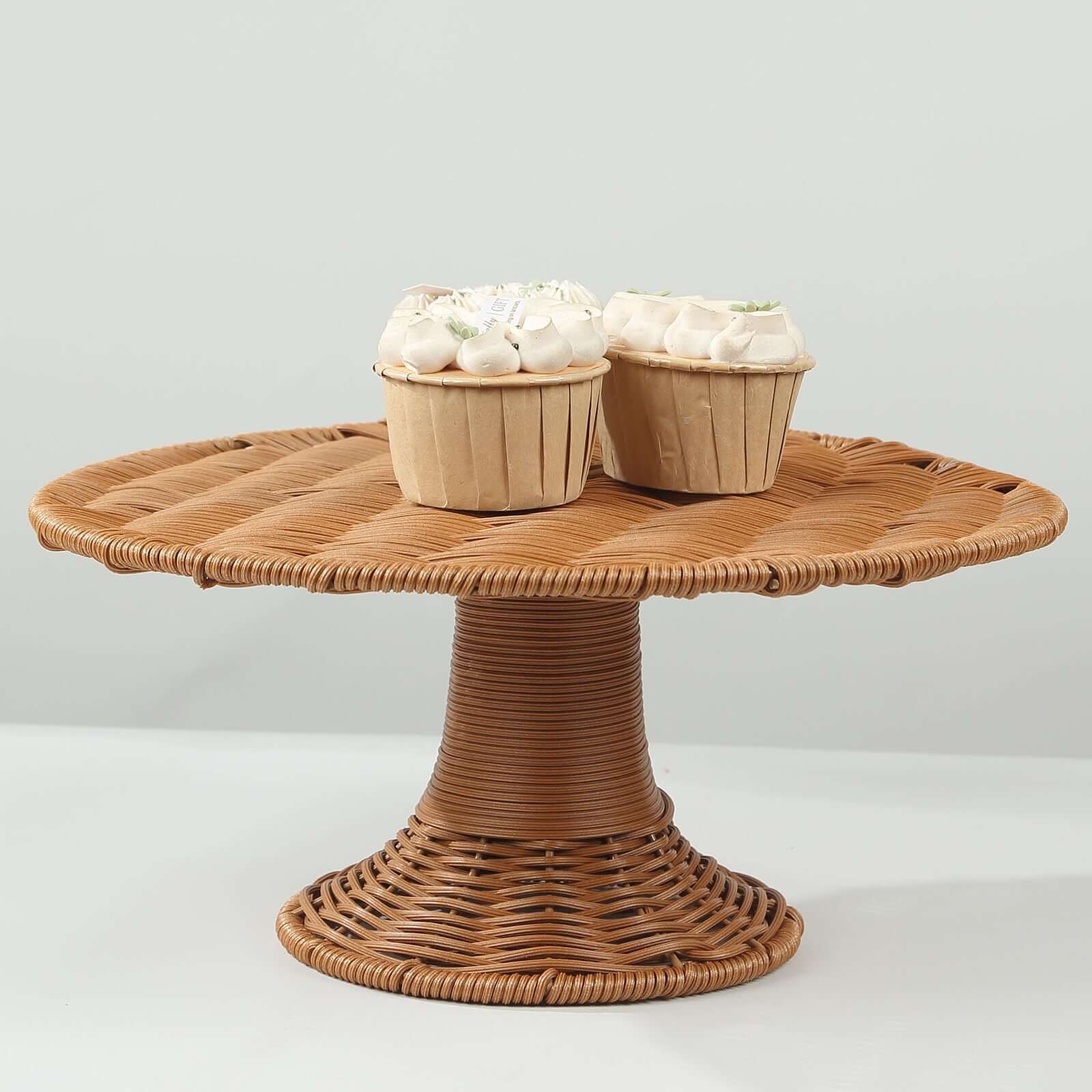 Plastic Round Rattan Wicker Pedestal Cake Stand Natural for Home Parties & Events 12" - Bell Racket Store