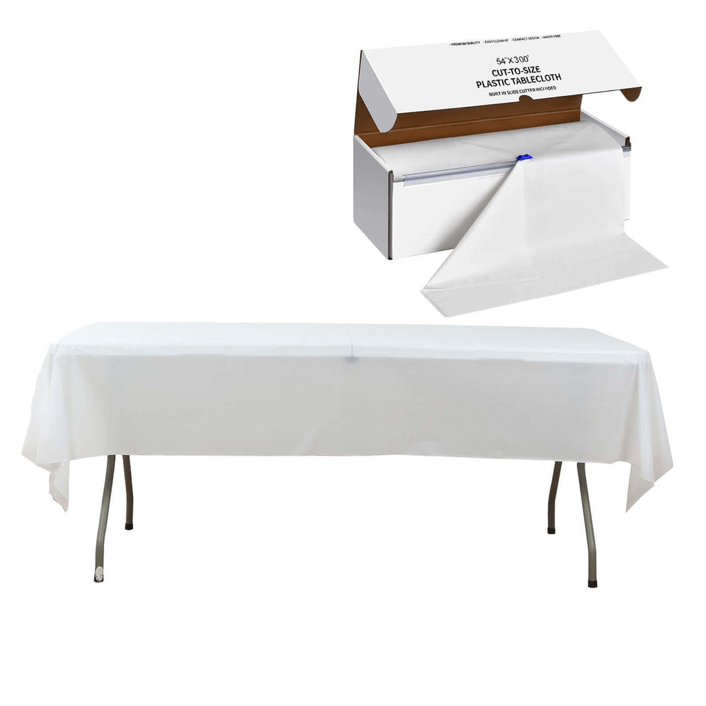 Plastic Table Cover Roll White with Slide Cutter - Customizable Disposable Tablecloth Roll 54"x300ft - Bell Racket Store