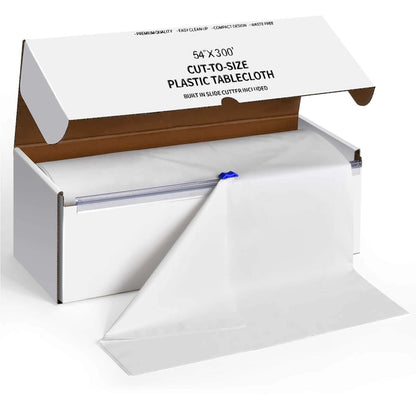 Plastic Table Cover Roll White with Slide Cutter - Customizable Disposable Tablecloth Roll 54"x300ft - Bell Racket Store