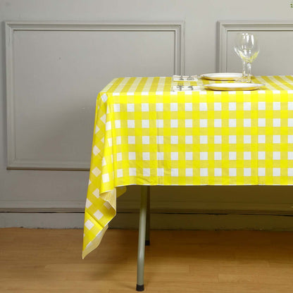 Plastic Table Cover White/Yellow Checkered Rectangle - Lightweight PVC Disposable Tablecloth 54"x108" - NestOCart