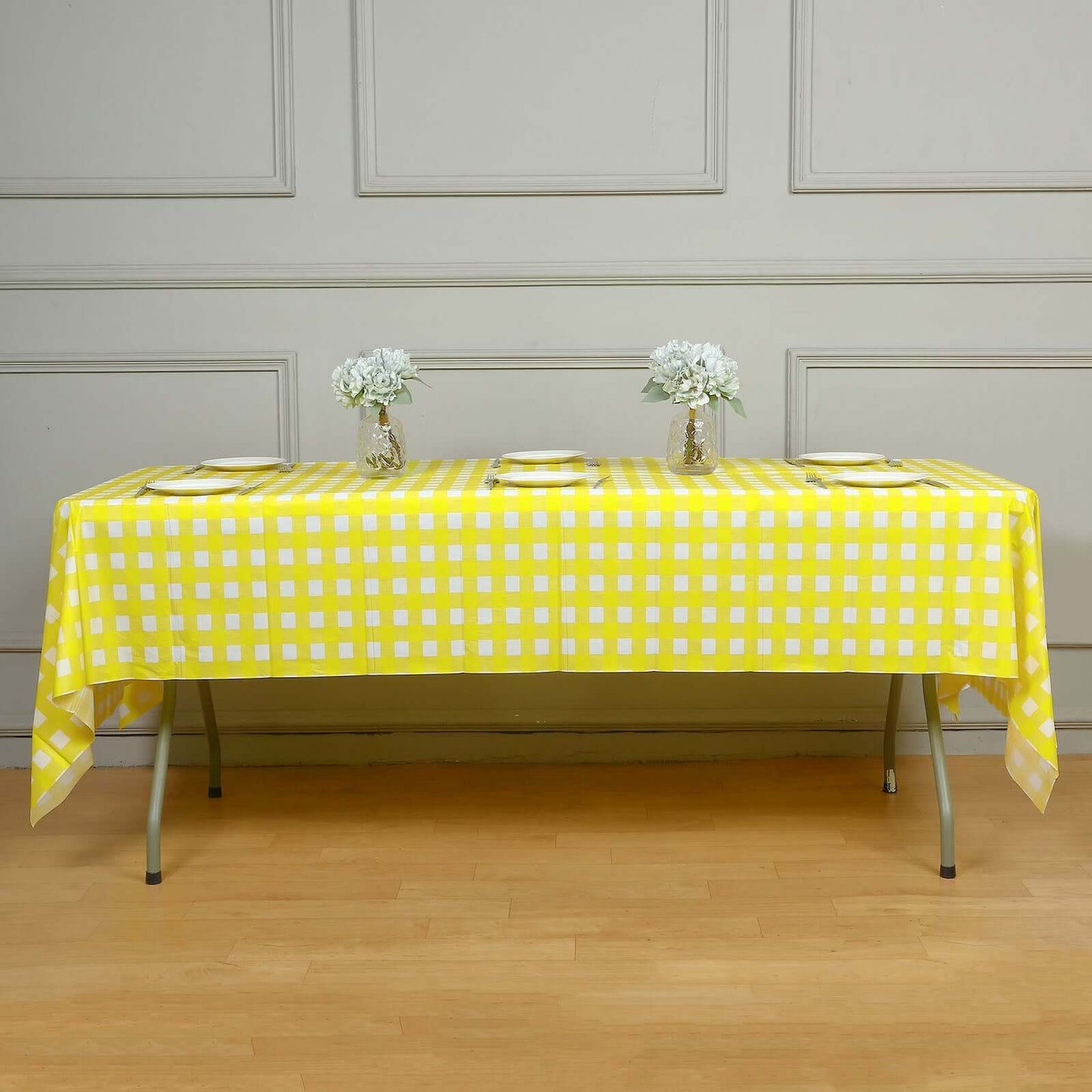 Plastic Table Cover White/Yellow Checkered Rectangle - Lightweight PVC Disposable Tablecloth 54"x108" - NestOCart